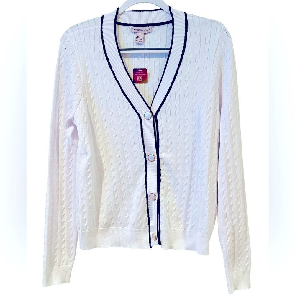 Carolyn Taylor White Cardigan with Black Trim